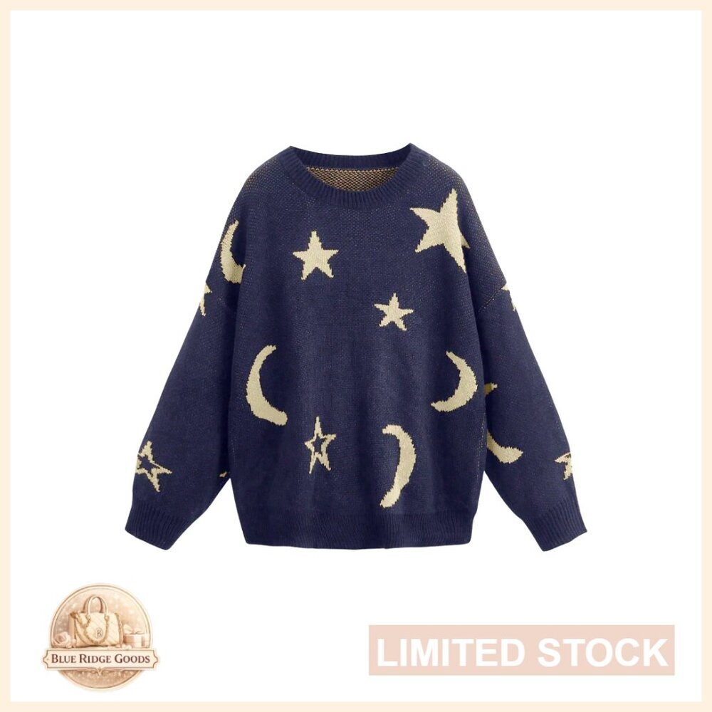 100% Acrylic Star Moon Print Long Sleeve Sweater Pullover Top